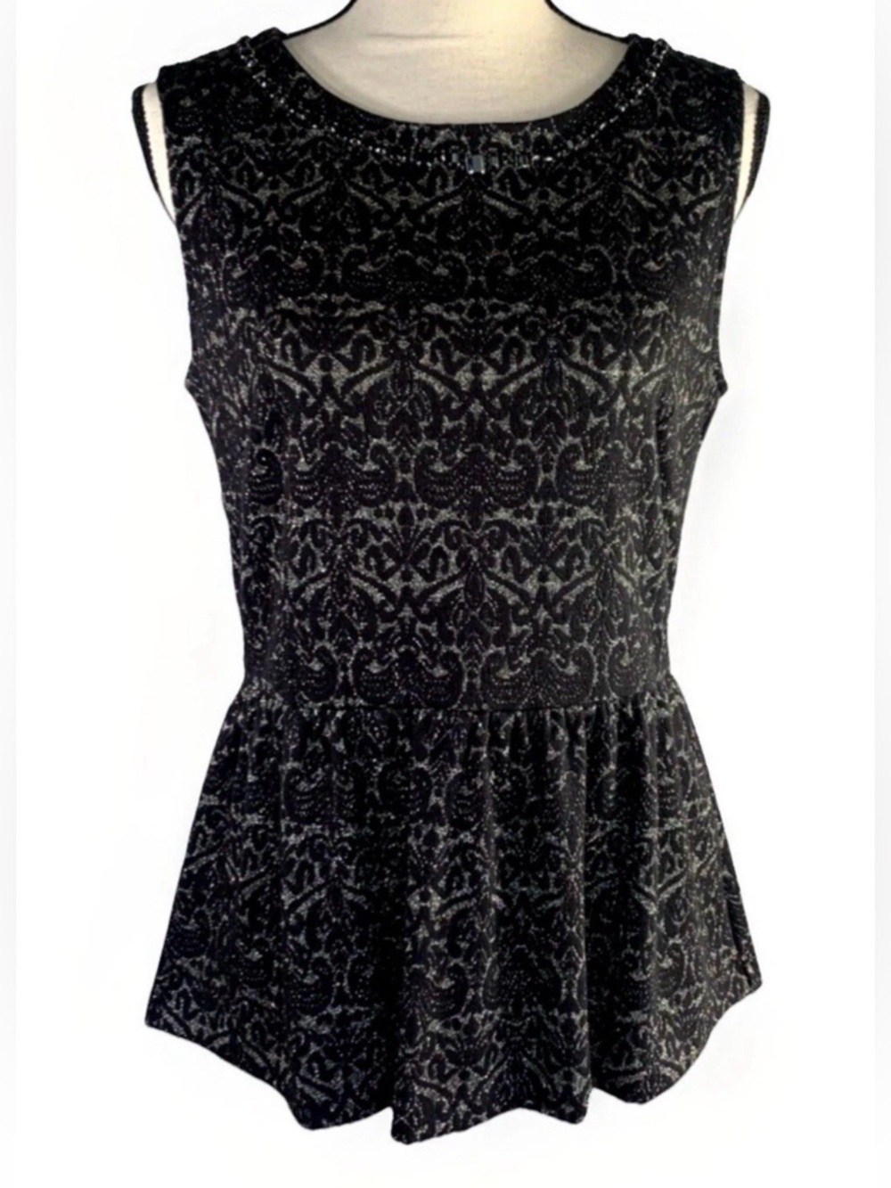 TALBOTS Black Silver Metallic Wool jacquard Peplum Blouse Medium Tapestry Top